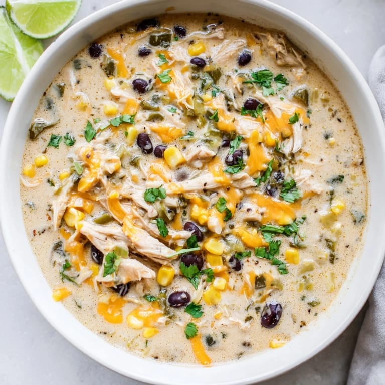 Close-up of creamy Chicken Poblano Soup, showcasing the ingredients and rich flavors perfectly.