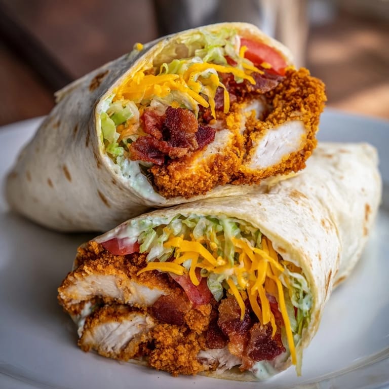 A close-up shot of an irresistible crispy chicken bacon ranch wrap, ready to slice and enjoy with friends.