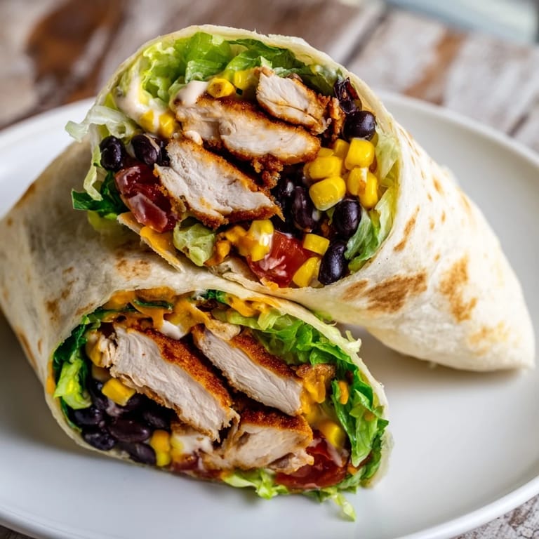 A delicious Southwest Chicken Wrap, featuring crispy chicken and a creamy dressing, ready to eat.
