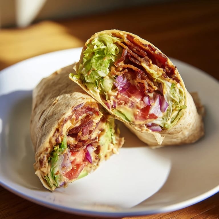 Perfectly rolled Zesty BLT Wraps ready to serve, showcasing the fresh, appealing filling inside.