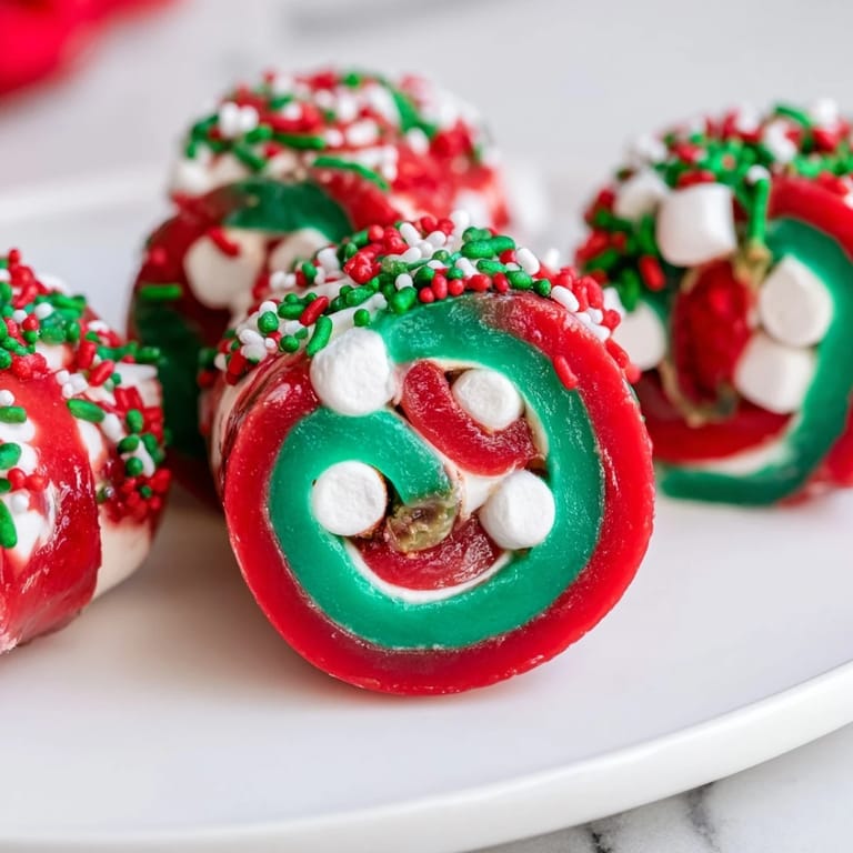 Sweet and vibrant display of Easy Christmas Fruit Rollup Sushi, a holiday dessert perfect for kids.