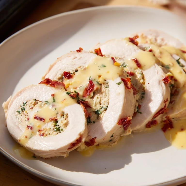 A close-up shot of the delicious Marry Me Chicken and Stuffing Roulades, ready to be sliced and enjoyed.