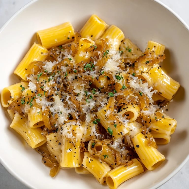 A close-up of creamy, cheesy Creamy French Onion Ditalini, featuring caramelized onions and savory broth.