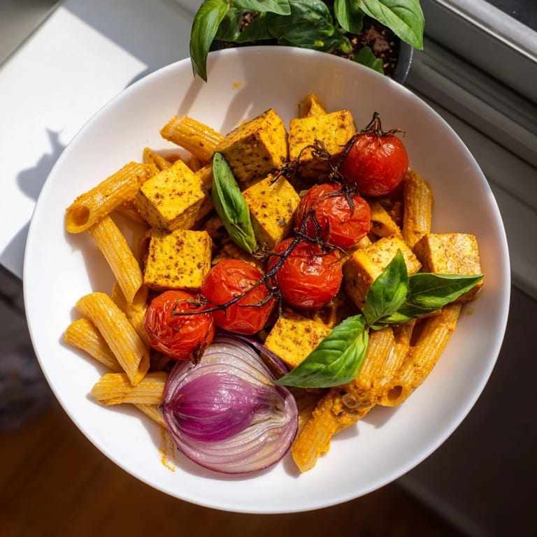 A close-up of creamy vegan baked tofu feta pasta, showcasing the vibrant, saucy ingredients.