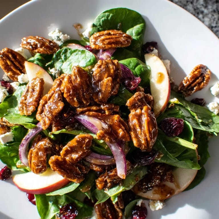 This beautiful Gingerbread Spiced Candied Pecan Salad is ready, with fresh ingredients and a zesty vinaigrette.