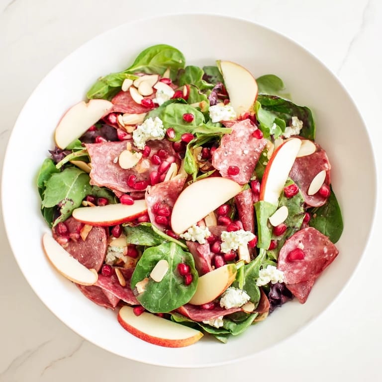 A close-up of the Hot Girl Christmas Salad, ready to eat, with salami slices and festive colors.