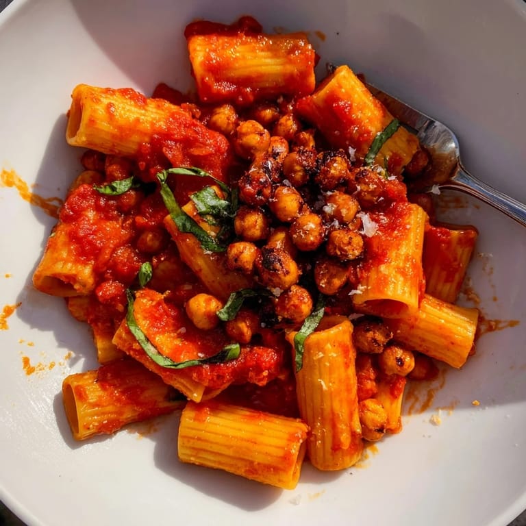 Close-up of crispy roasted chickpeas on a bed of Spicy Arrabbiata Pasta, ready to eat.