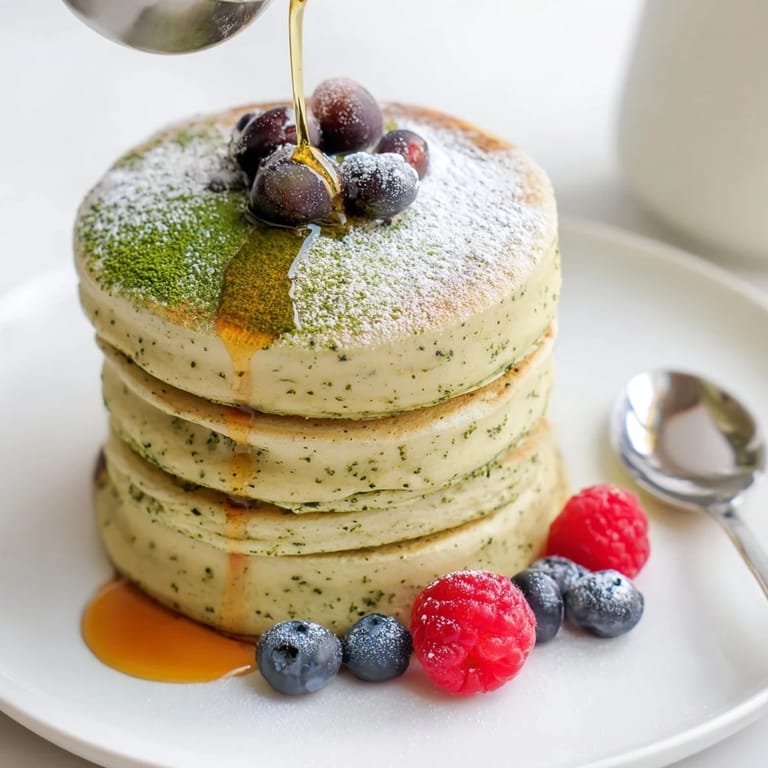 Stack of golden, pillowy Egg White Gingerbread Matcha Soufflé Pancakes, a perfect brunch with vibrant green matcha swirl.