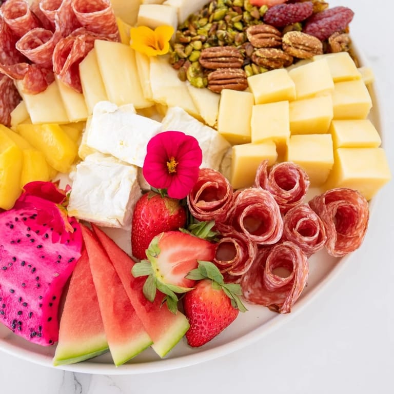 Vibrant Flamingo Paradise Board with pink dragon fruit, berries, and cheese, ideal for summer get-togethers.