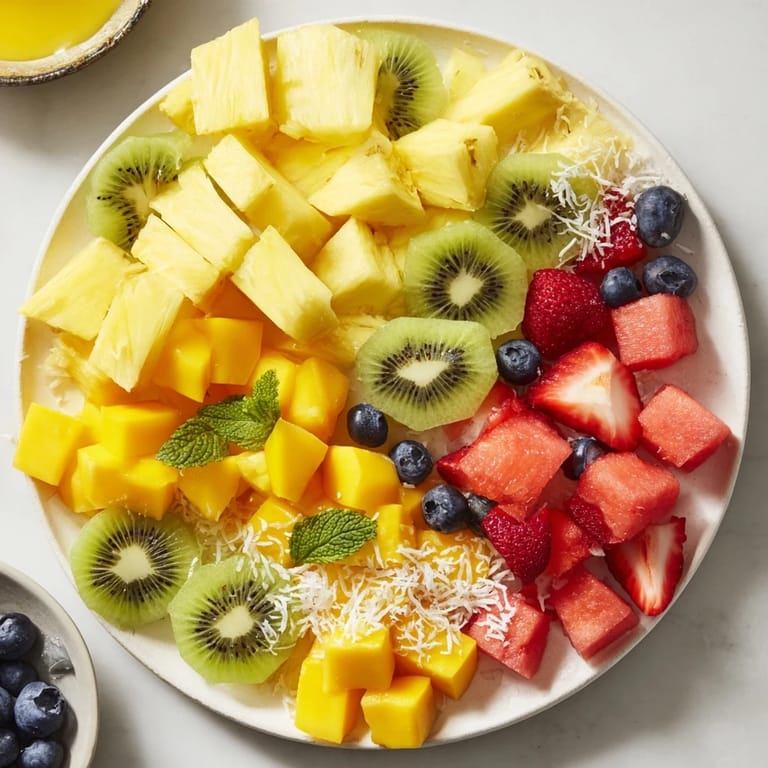 Freshly assembled Tropical Pineapple Platter, with ripe pineapple slices and a summer fruit medley.