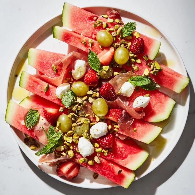 A vibrant display of Watermelon Slice Charcuterie, showcasing juicy watermelon and savory prosciutto with cheese.