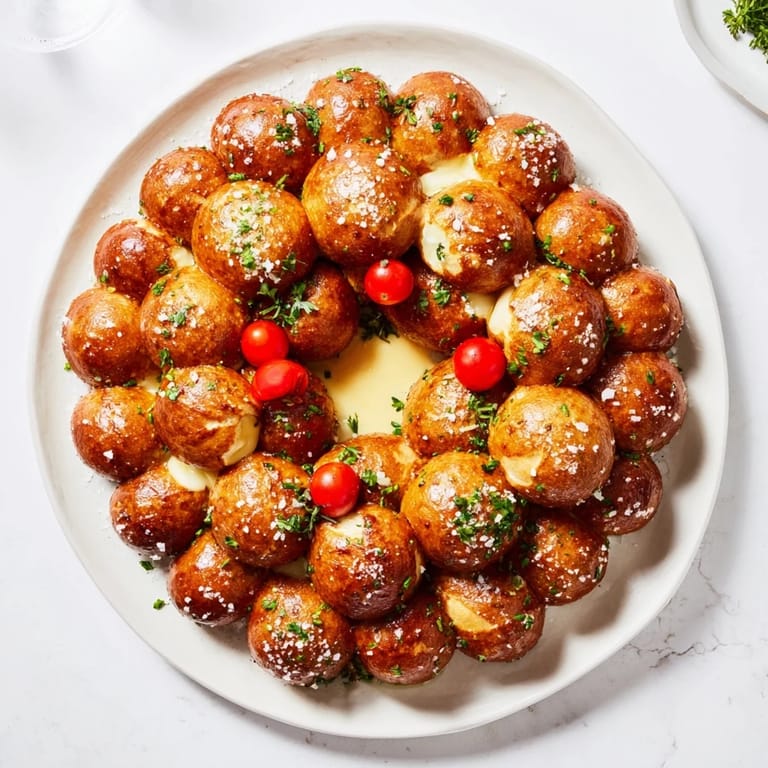 A close-up of a warm Pretzel Joy Wreath, freshly baked and garnished with vibrant parsley and tomatoes.