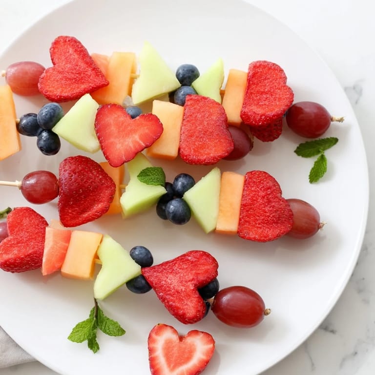 Fresh Berry Good Heart Fruit Skewers display a colorful arrangement of sweet, heart-shaped melon slices and berries.