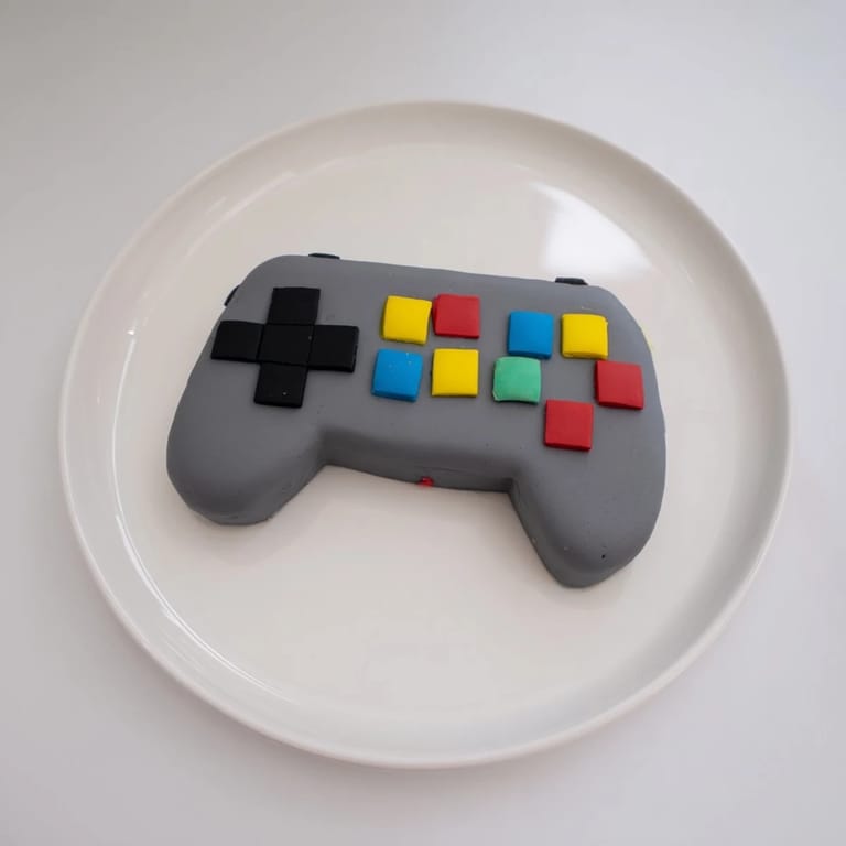 Vibrant fondant turns this pixel video game controller cake into a fun, edible game day centerpiece.