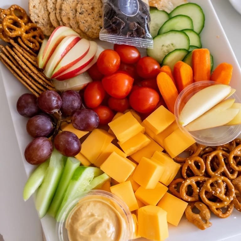 A delicious road trip snack platter featuring fresh veggies, turkey, and dark chocolate squares.