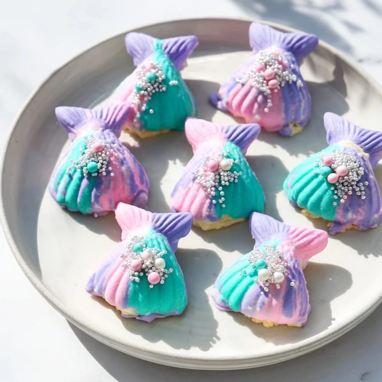 Close-up of pastel-colored Mignardises Queue de Sirène, showing the airy texture of the petit fours and detailed sprinkles.