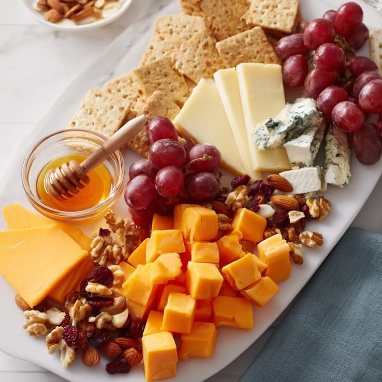 This inviting Cheese Board presents a Cranberry Grape Man's delicious cheeses and fresh fruit for snacking.