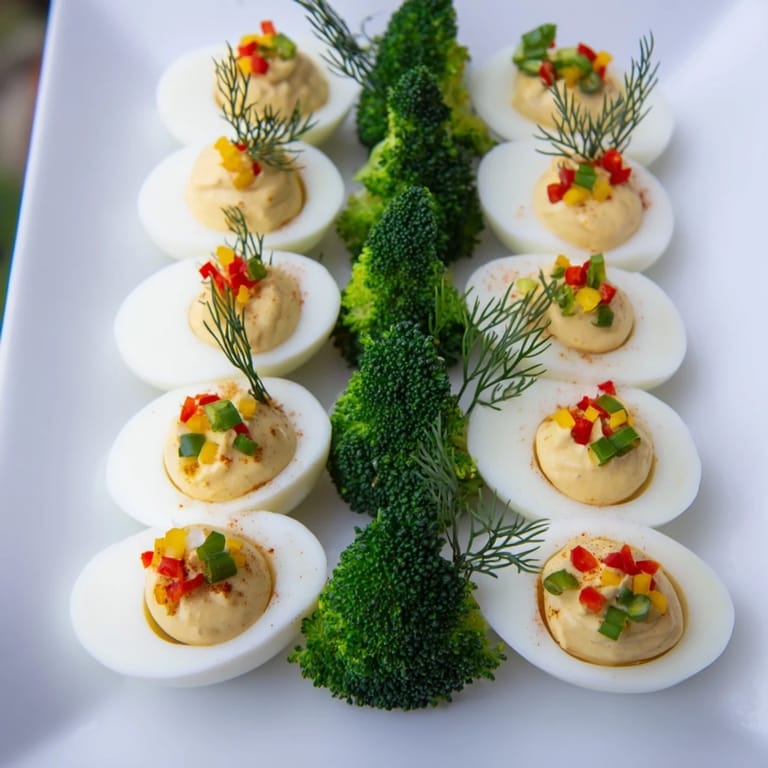 Festive Christmas Tree Deviled Eggs platter, imagine vibrant diced veggies on perfectly shaped egg halves.