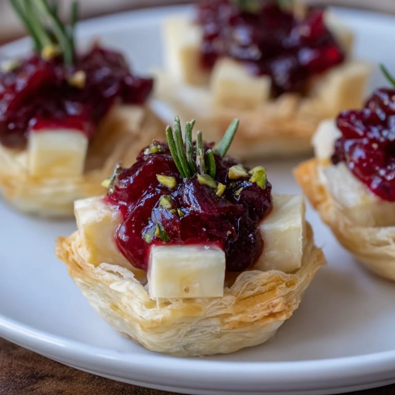 Vibrant overhead shot of a Mini Cranberry Brie Tart Wreath, perfect appetizer for festive celebrations.