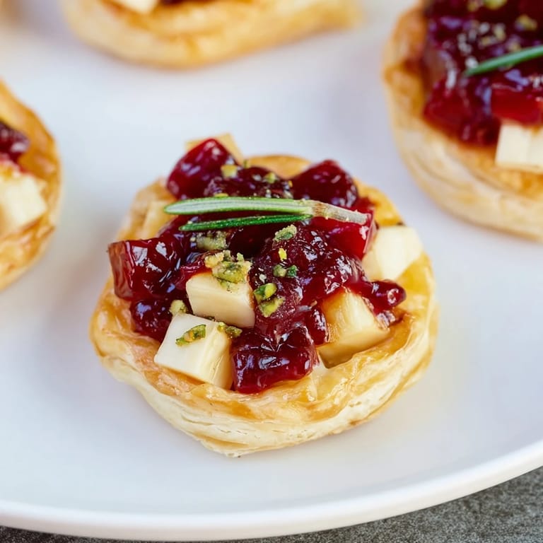 Arranged wreath of warm, savory Mini Cranberry Brie Tartlets, showcasing holiday flavors and textures.