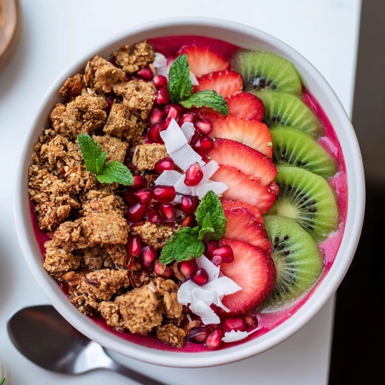 A bright overhead view of finished Festive Red and Green Smoothie Bowls, a delicious vegetarian treat.