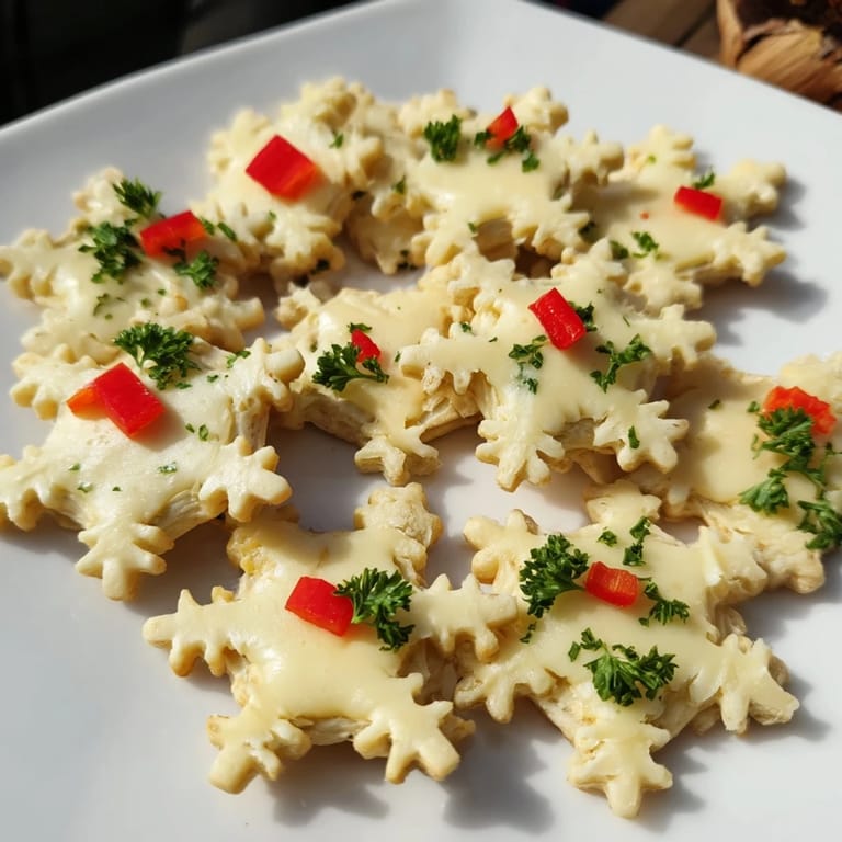 Delicate Cracker and Cheese Snowflake Design appetizers sitting on a platter, with fresh herbs for a beautiful presentation.