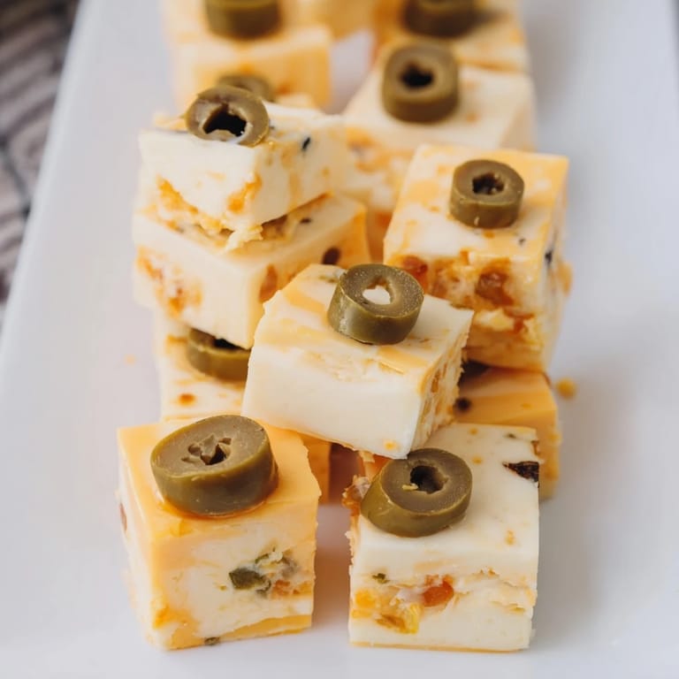 Freshly arranged Cheese and Olive Chess Board, showcasing a classic party snack with a variety of textures.