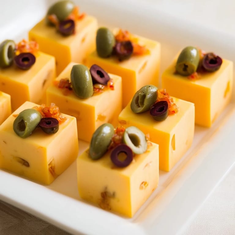 Delectable Cheese and Olive Chess Board, perfect for sharing, with alternating cheese and olive squares.