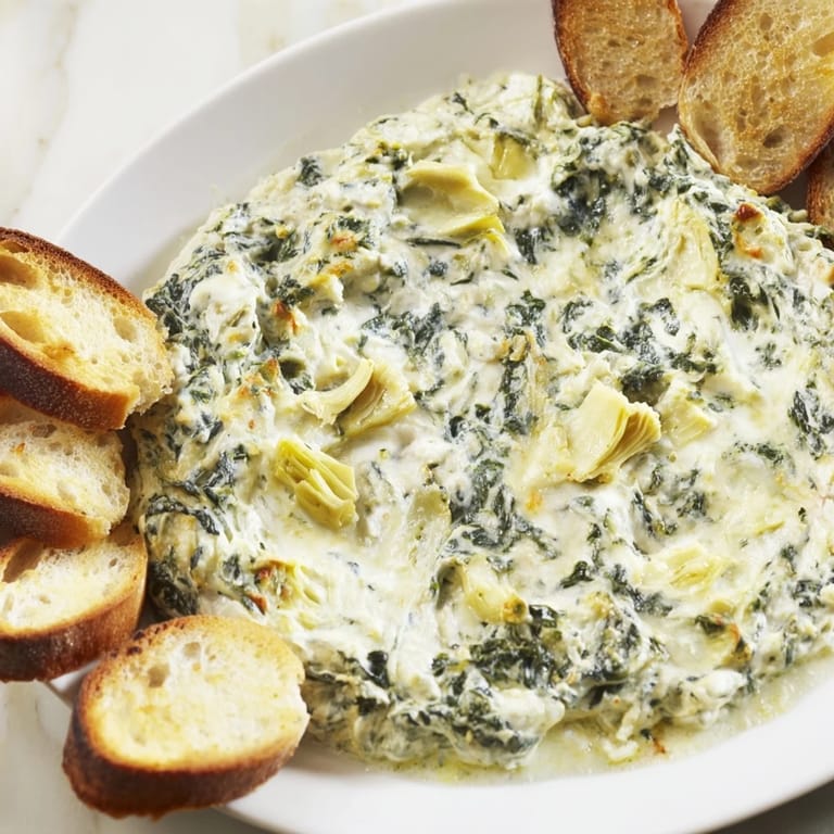 Close-up of creamy Spinach Artichoke Dip, served hot, next to crispy baked baguette rounds.