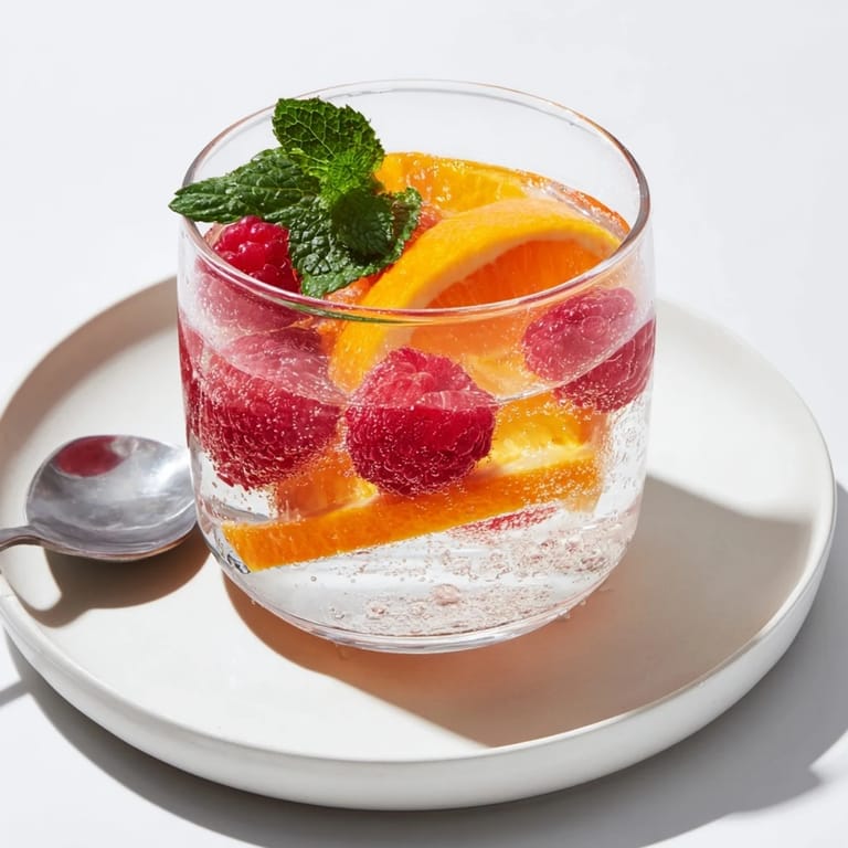 Effervescent close-up of Sparkling Juice with Raspberries, showcasing fresh berries and chilled bubbles.