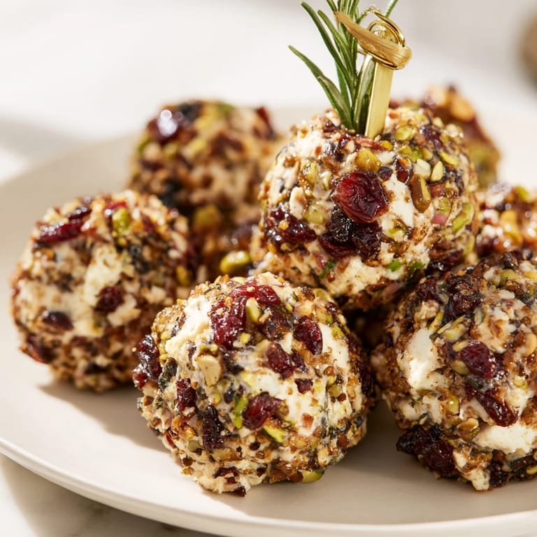 Vibrant appetizer for entertaining: mini Holiday Ornament cheese ball clusters with rosemary touches.