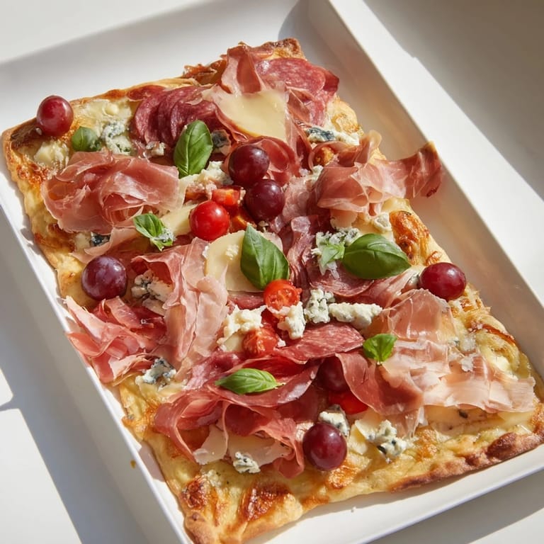 Golden-baked Rustic Raft flatbreads topped high with an assortment of savory meats, cheeses, and grapes.