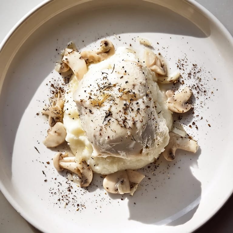 Imagine the Ghostly Gala: a beautiful all-white dish featuring chicken and a smooth purée.