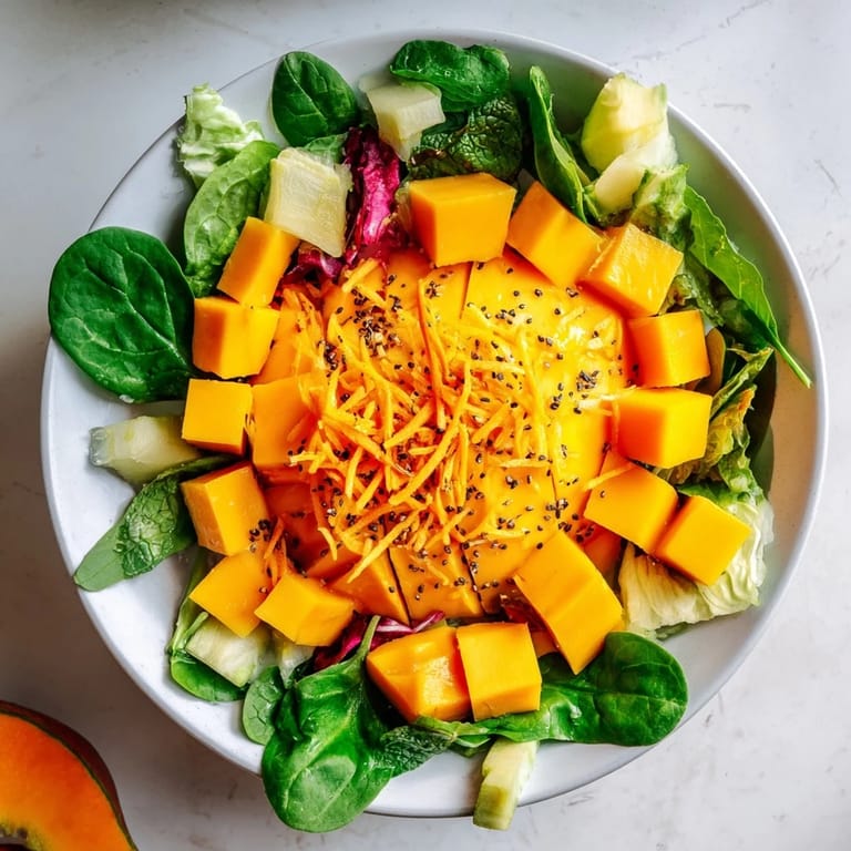Close-up of The Sunlit Glade salad: a colorful mix of greens and juicy, yellow fruits.