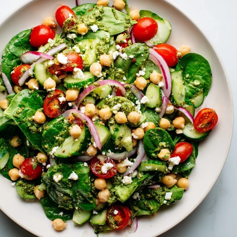 Homemade pesto coats the fresh spinach in this delicious Pesto Chickpea and Spinach Salad, ready to eat.