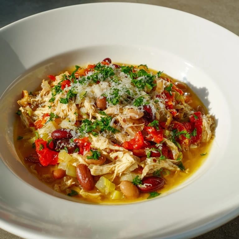 Bright and inviting, this photo shows steaming White Bean and Roasted Red Pepper Chicken, ready to be served and enjoyed.