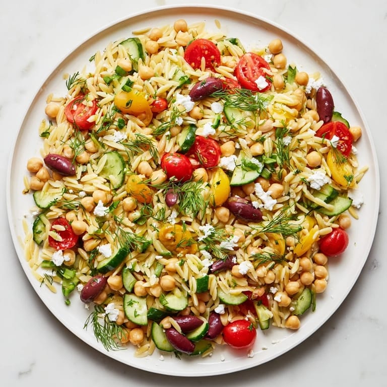 Tossed Greek Lemon-Orzo Bean Salad with bright tomatoes, smelling of zesty lemon vinaigrette.