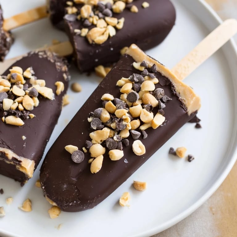 These Frozen Banana Chocolate Pops feature a generous peanut butter layer, topped with crunchy peanuts.