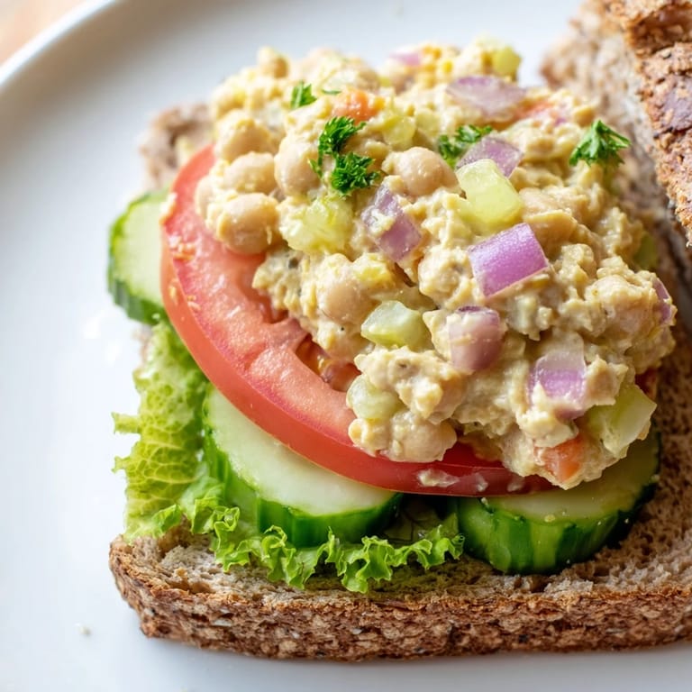 A close-up of a delightful Easy Chickpea Salad Sandwich, bursting with flavor and stacked high on whole-grain bread.