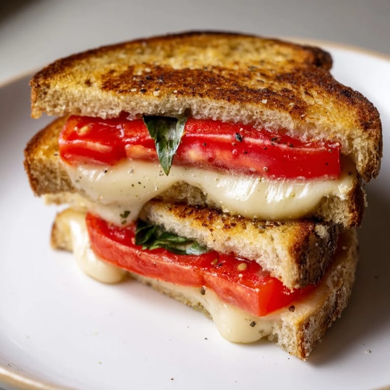 Crispy sourdough cradles a bubbly tomato basil grilled cheese with fresh basil, ready for a bite.