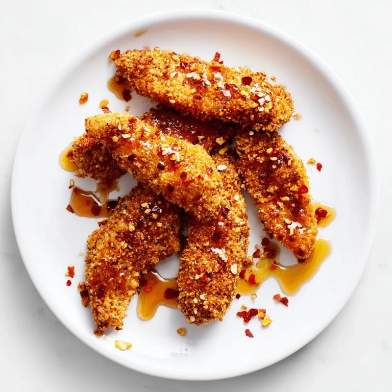 Air-fried crispy panko chicken tenders, savory and sweet with hot honey, ready to eat.
