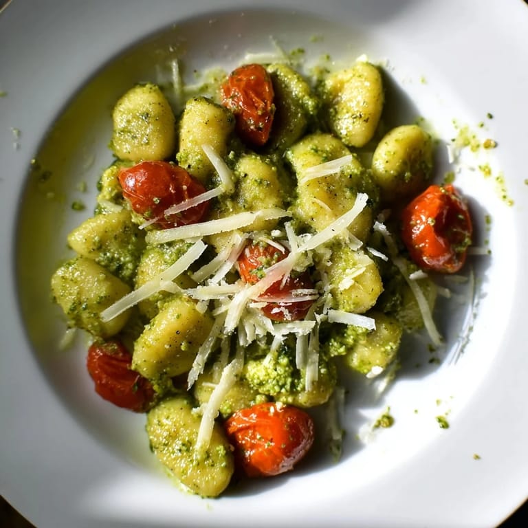 Vibrant image of crispy gnocchi with pesto, fragrant basil, and juicy cherry tomatoes ready to enjoy.