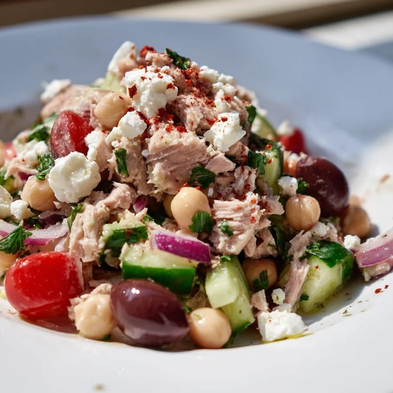 This flavorful Tuna Chickpea Salad overflowing with colorful vegetables is perfect for lunch.