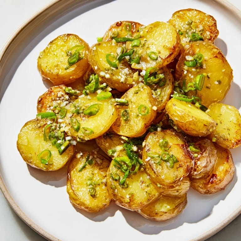 Oven-roasted Smashed Green Onion Potato Bombs boasting crispy edges, a delectable vegetarian side dish.