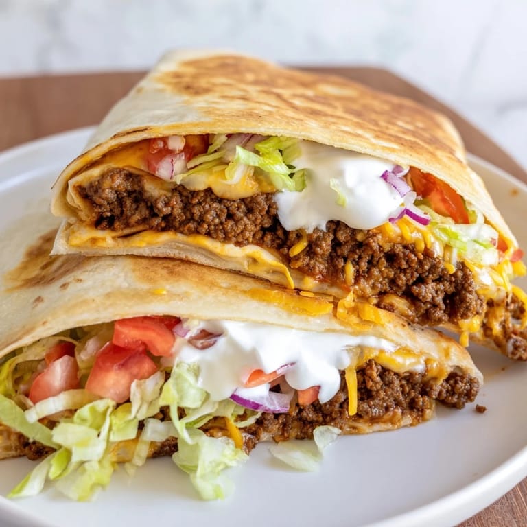 A close-up of a delicious Taco Bell Crunchwrap Supreme, filled with beef, cheese, and fresh toppings.