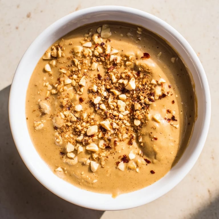 A close-up of glossy Indonesian satay sauce, thick and aromatic, ready to serve with grilled proteins.