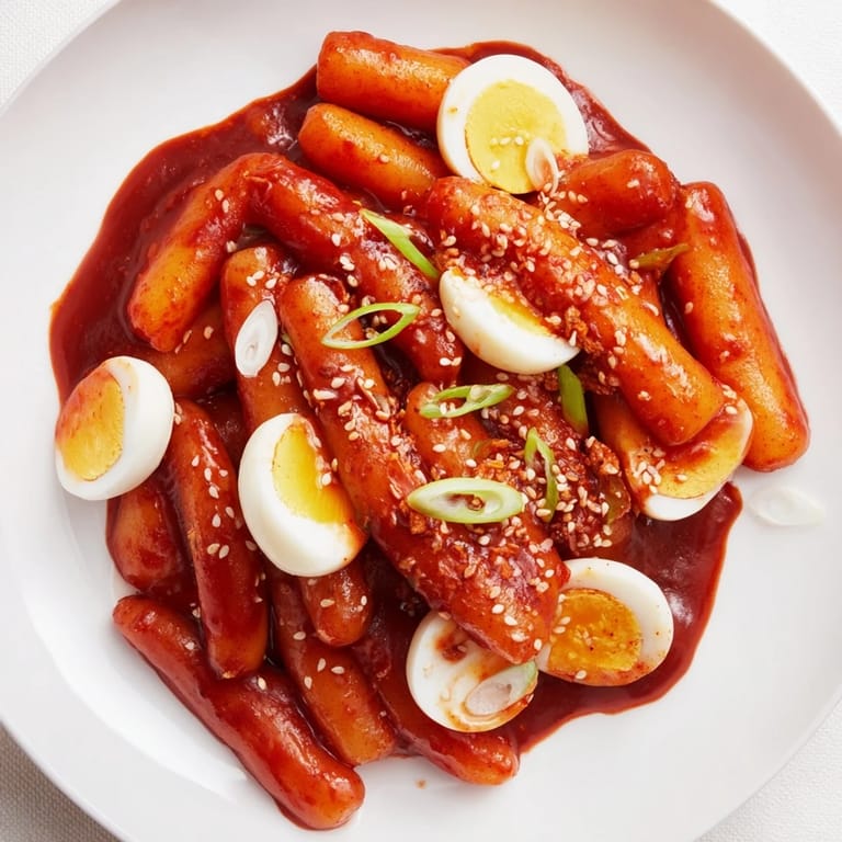 A vibrant close-up of Korean Tteokbokki, a vegetarian-friendly spicy rice cake dish, ready to eat.