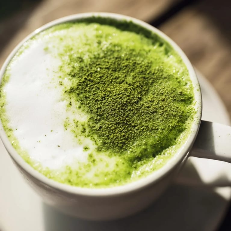 Steaming matcha green tea latte, perfect for a cozy afternoon treat in a warm mug.