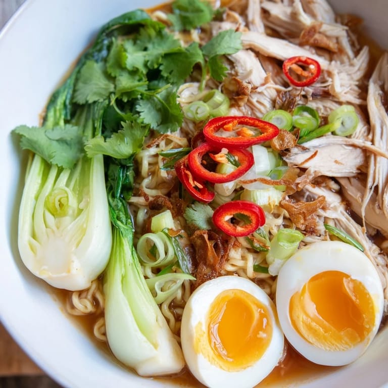 Enjoy a comforting bowl of Thai Miso Ramen, featuring savory chicken and fresh cilantro for lively flavors.