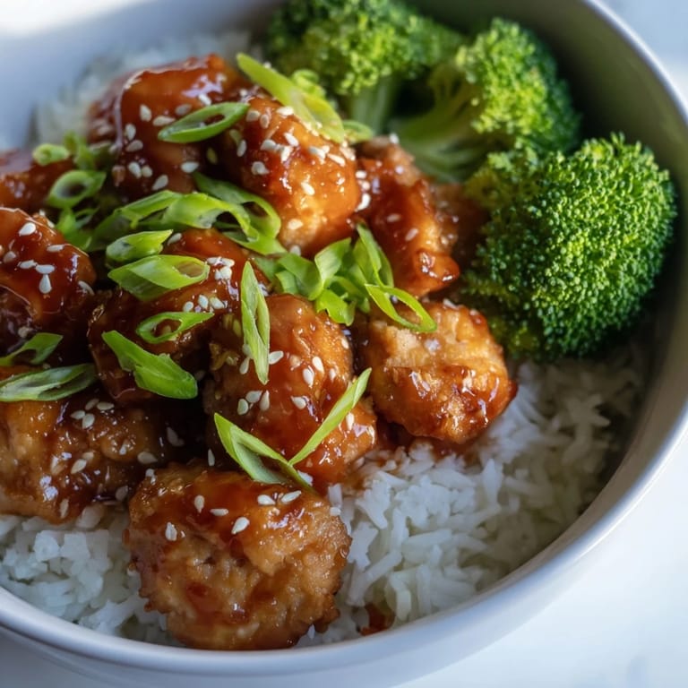 Fork lifting saucy chicken and rice from a vibrant Sweet Chili Chicken Bowl with broccoli florets.